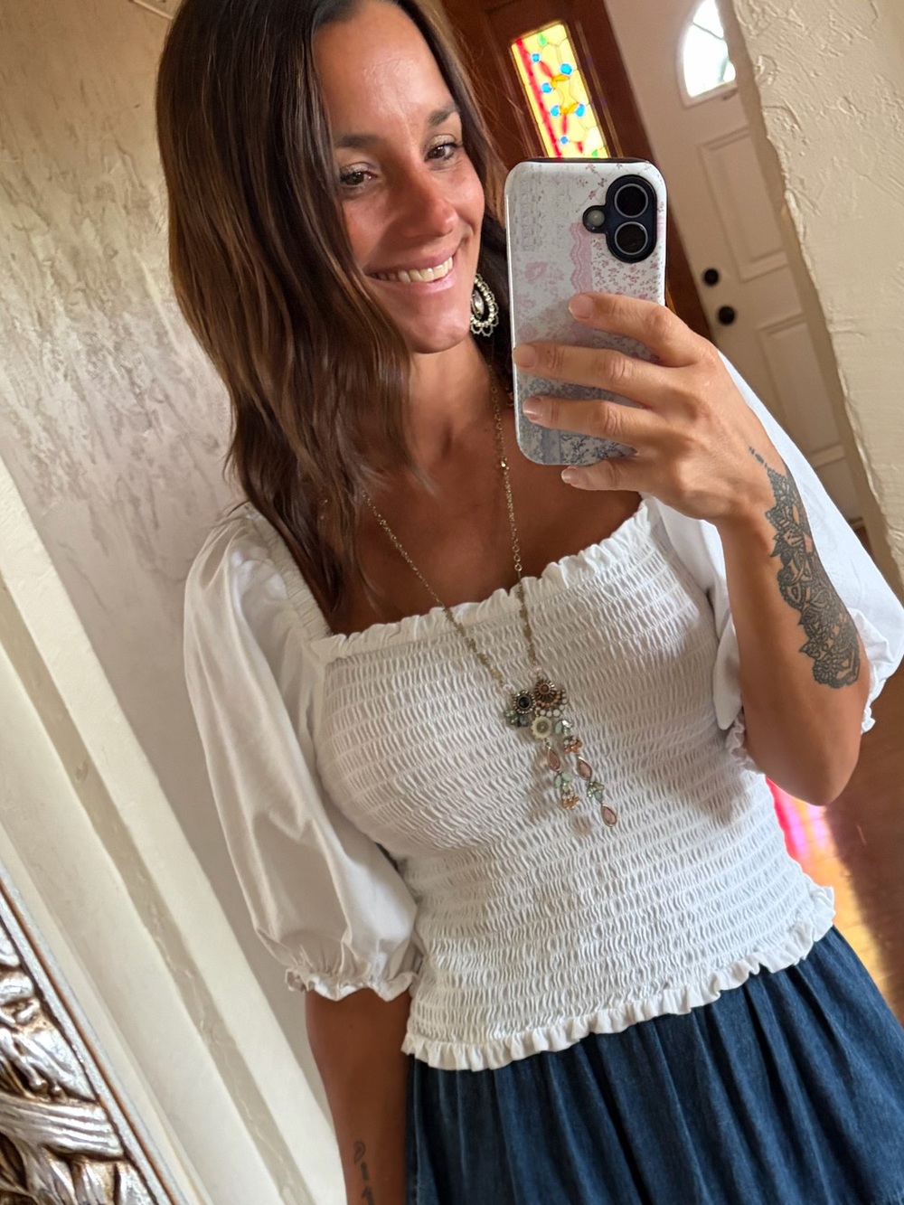 LOFT White Smocked Square-Neck Puff Sleeve Crop Top